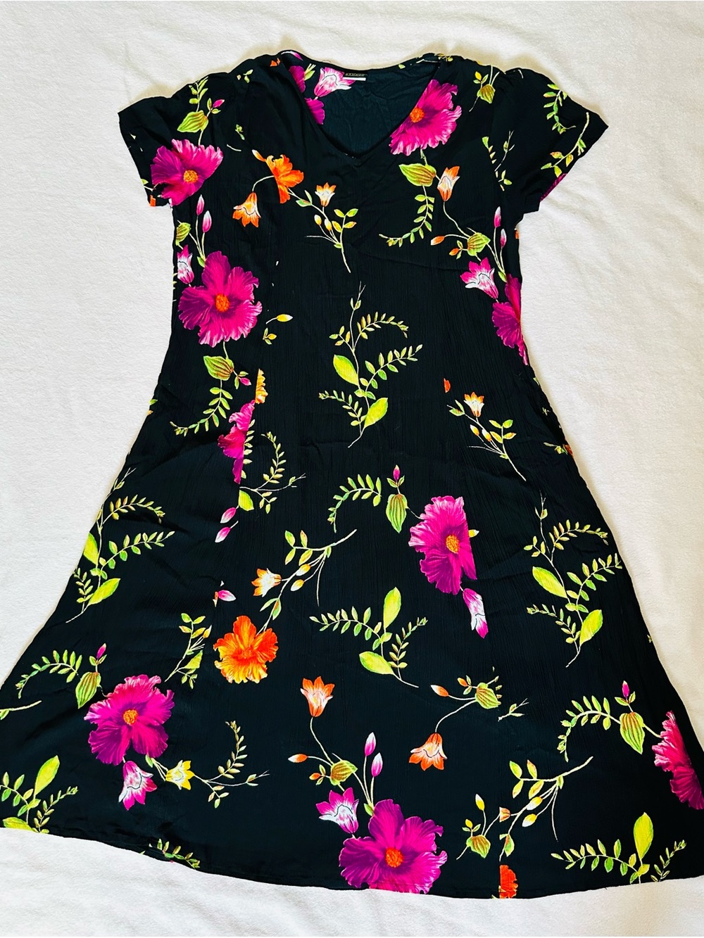SALONI Black Floral V-Neck A-Line Dress with Pink and Orange Blooms